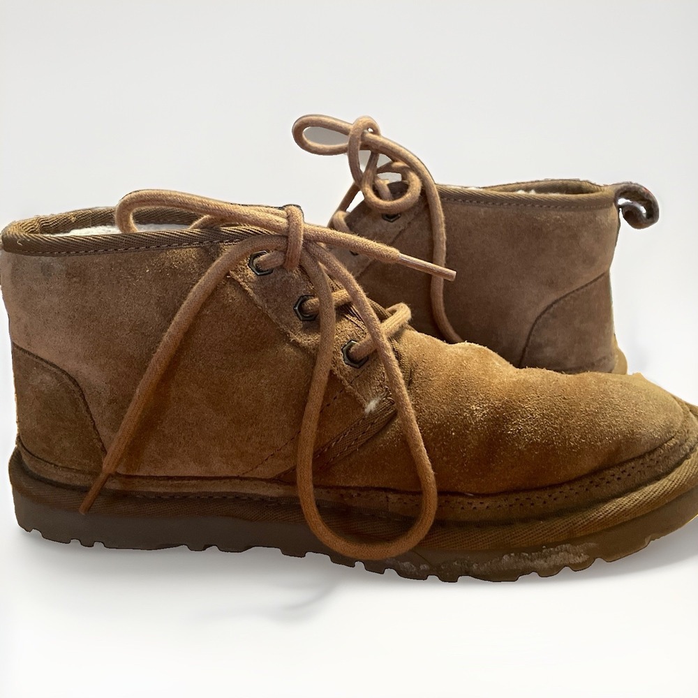 UGG Neumel Boots Womens Size 7 Tan Suede Shearling Ankle Lace Up Shoes Lined